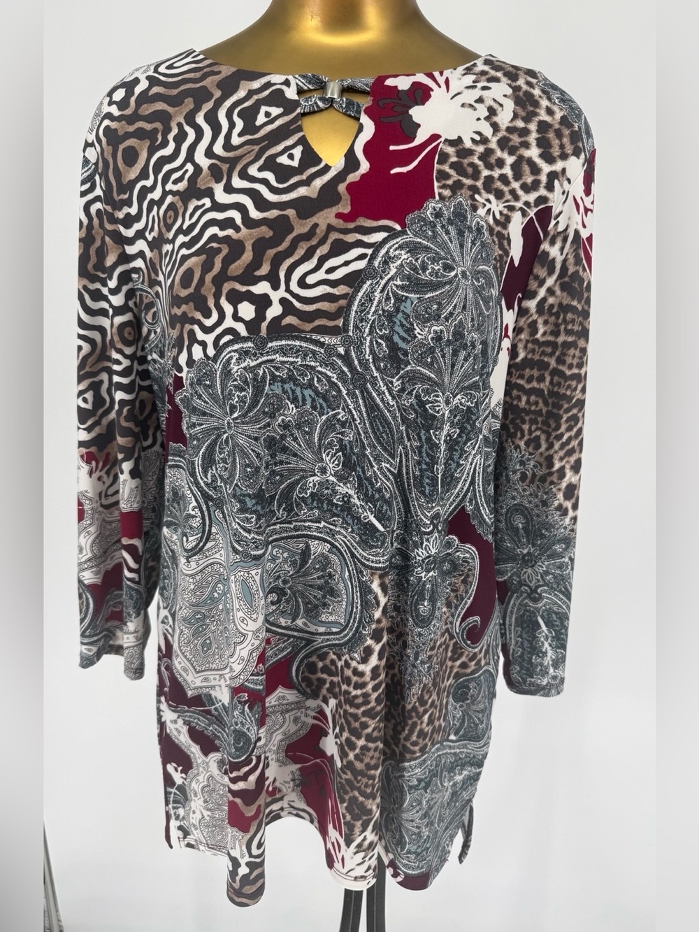 Chico’s Size 2 Mixed Print 3/4 Sleeve Tunic - Burgundy/Beige/Black